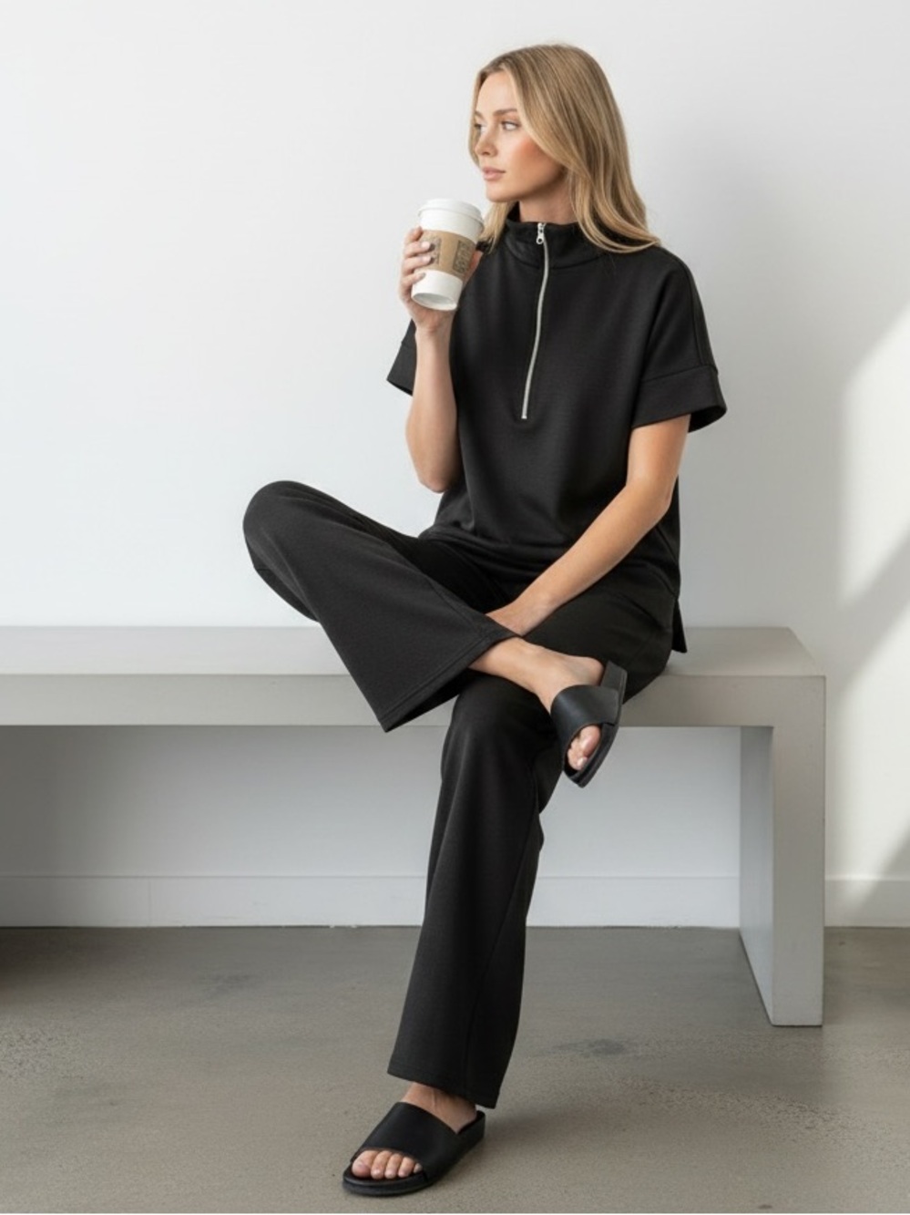 1564 • Black Buttery Soft Scuba Short Sleeve Quarter Zip Pant Set